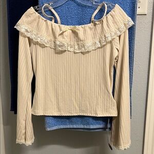 ROMWE Cream Lace-Trim Off-Shoulder Long Sleeve Top